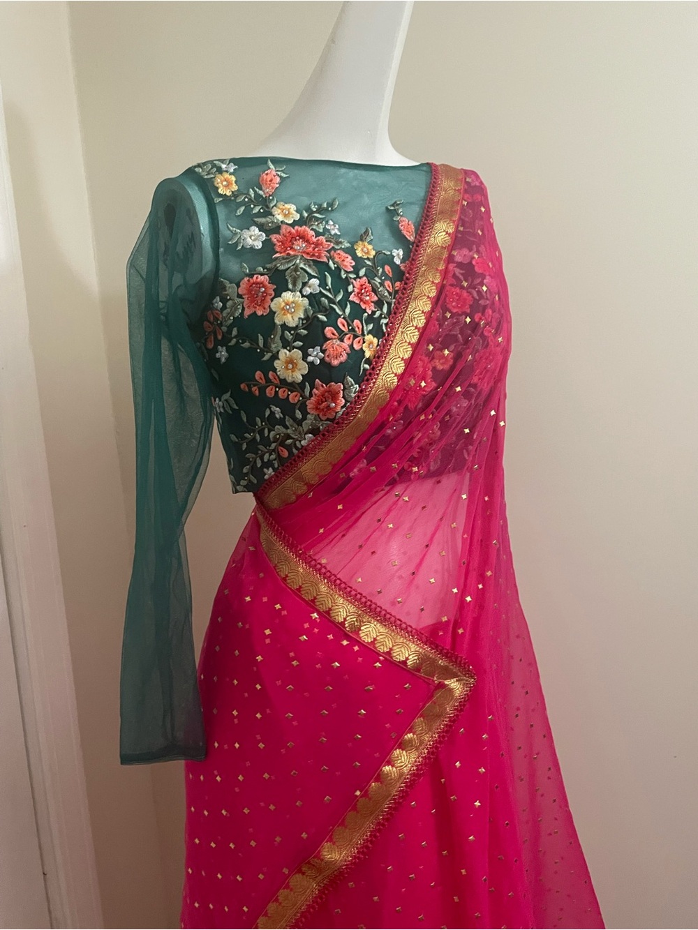 Embroidered Green Bodice & Hot Pink Saree Dress with Gold Trim